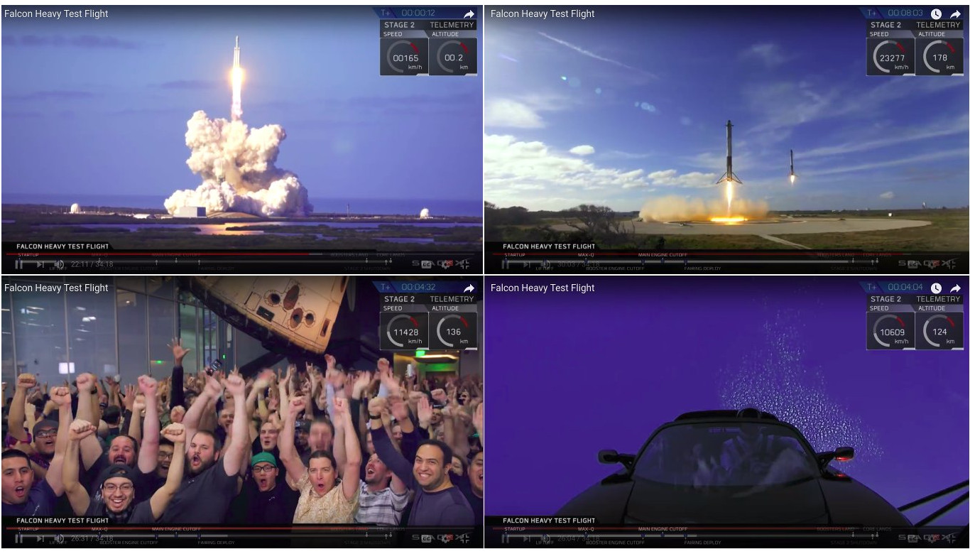 Diferentes etapas del vuelo del cohete Falcon Heavy de SpaceX, incluyendo la celebración del equipo.