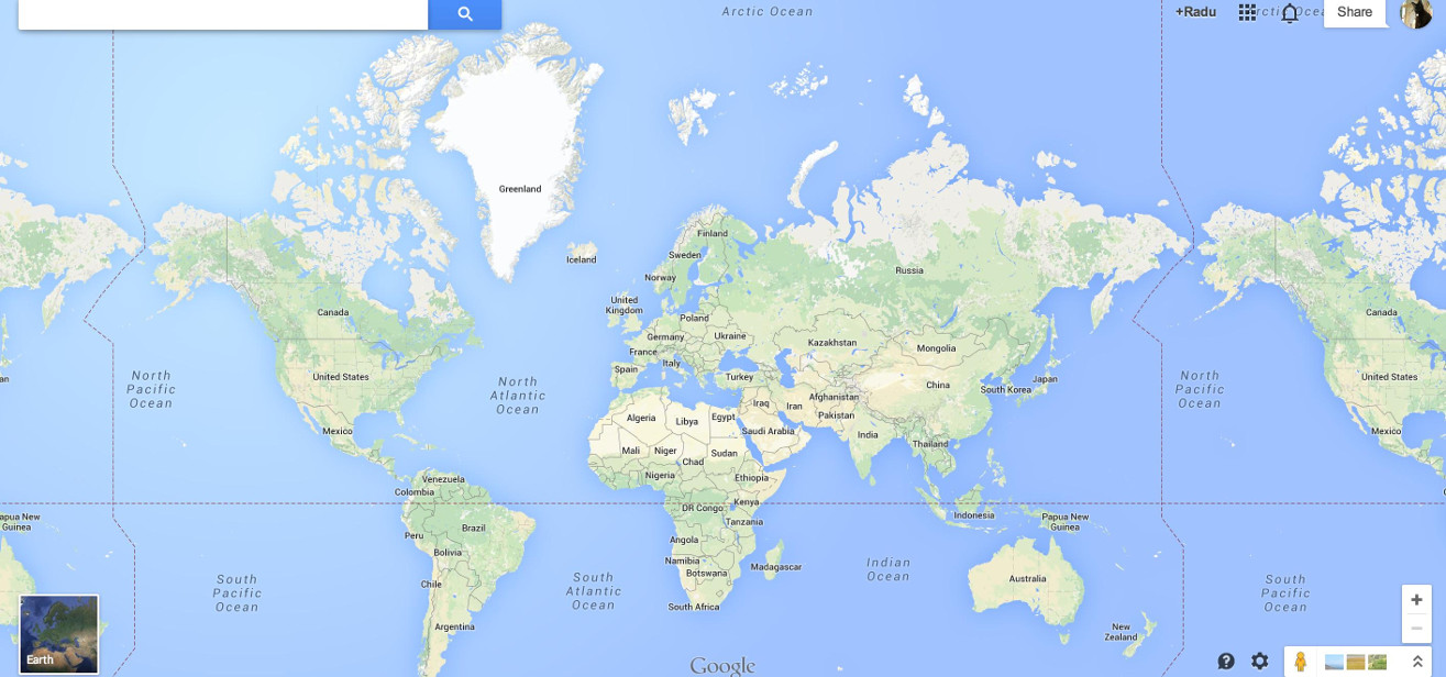 la imagen muestra la versión de planisferio de Google Maps, con los tamaños distorsionados.