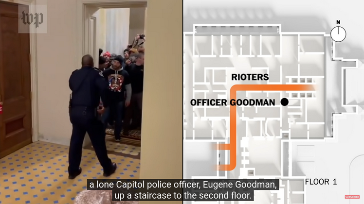 La imagen muestra una pantalla dividida: por un lado el video con un policía deteniendo a los invasores y por otro, un plano del edificio que muestra dónde están.