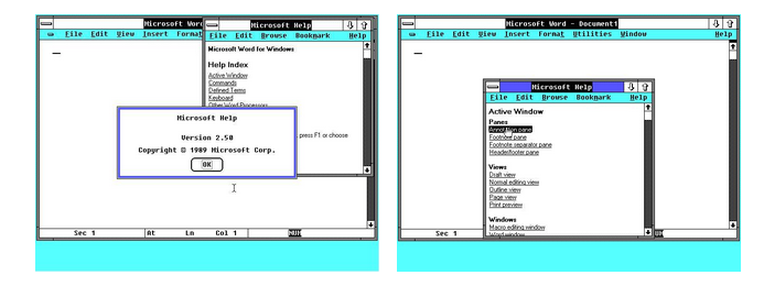 La imagen muestra dos pantallas de Windows 1.0, con las ventanas de la zona de Ayuda.