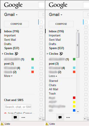 Barras de scroll en Gmail: sólo cuando aparece el mouse se muestran y se activan.