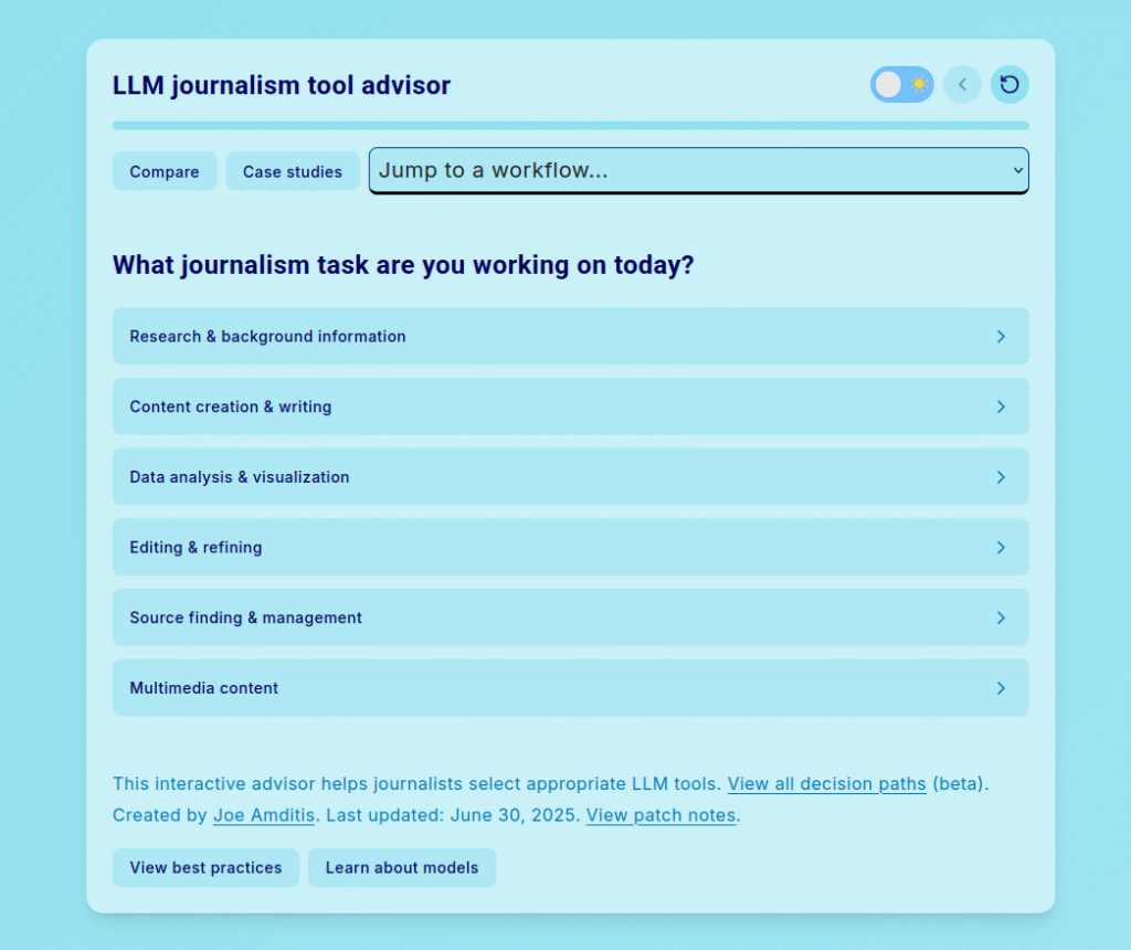 Pantalla de la herramienta LLM Journalism Tool Advisor.