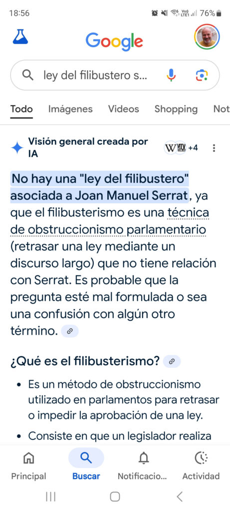 La imagen muestra los resultados de Google: no hay nada para Serrat.