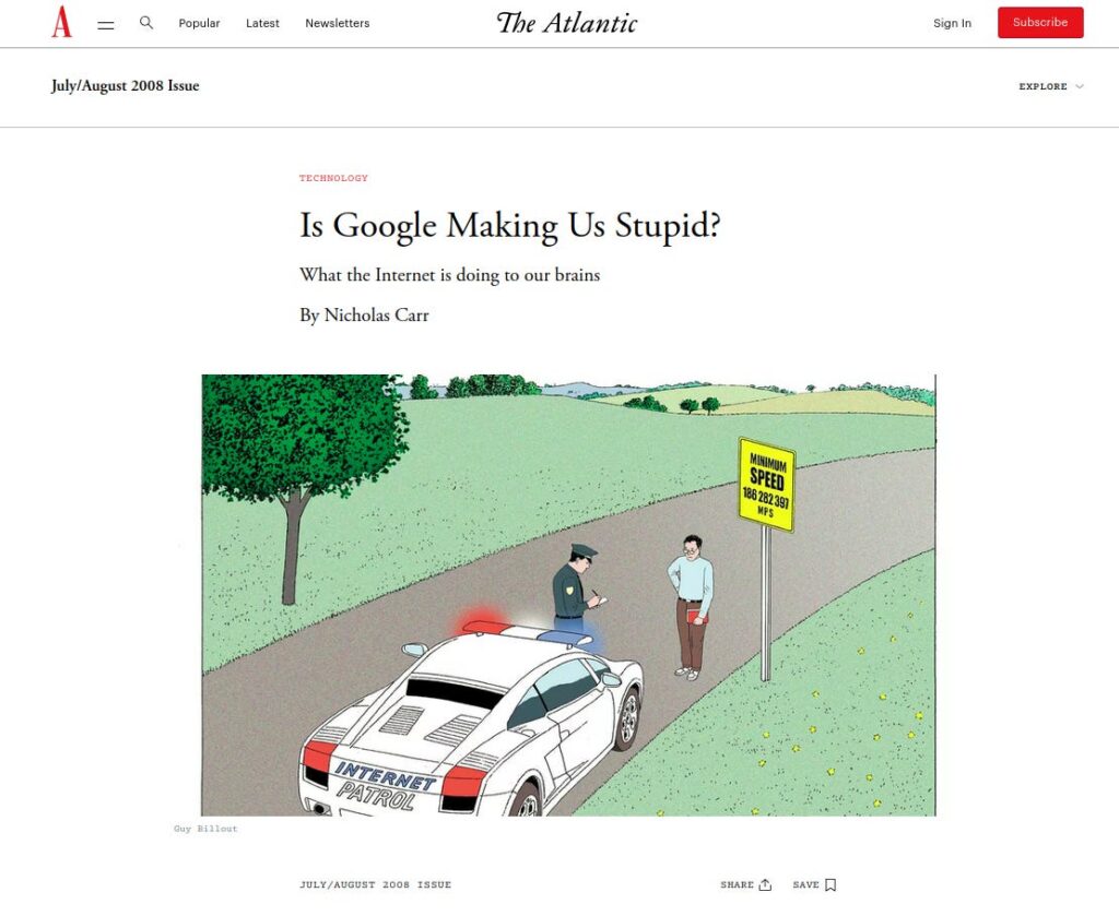 La imagen muestra el inicio del artículo de Nicholas Carr en 2008: Is Google Making Us Stupid?