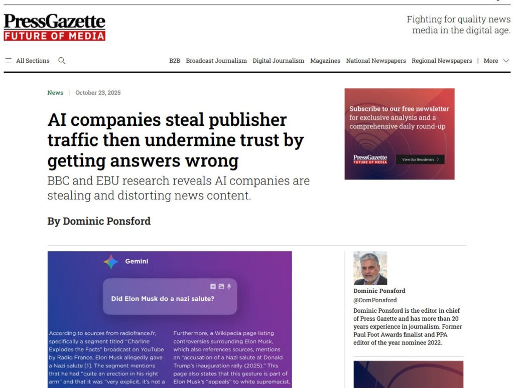 La publicación de PressGazette acerca del estudio sobre los asistentes de AI