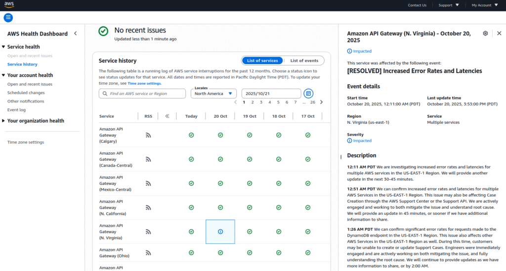 La página de status de los servicios de la nube de Amazon, con la explicación del incidente.