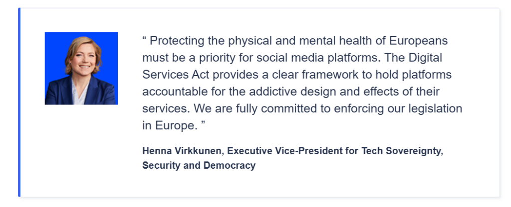 Parte de la publicación de la Comisión Europea sobre Meta y su diseño adictivo.